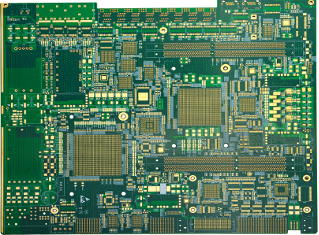 HDI printed circuit board with dense component pads and interconnections.