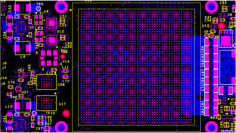 PCB CAD layout showing a dense field of vias in a BGA region
