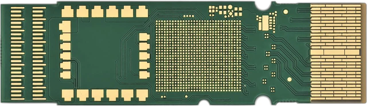 Fourteen-layer HDI PCB for an optical module, showing dense pads and gold fingers.