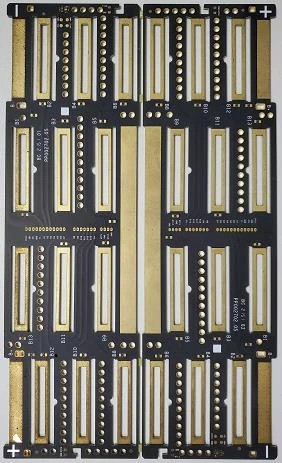 Black and gold four-layer heavy copper PCB panel for a battery charging module.