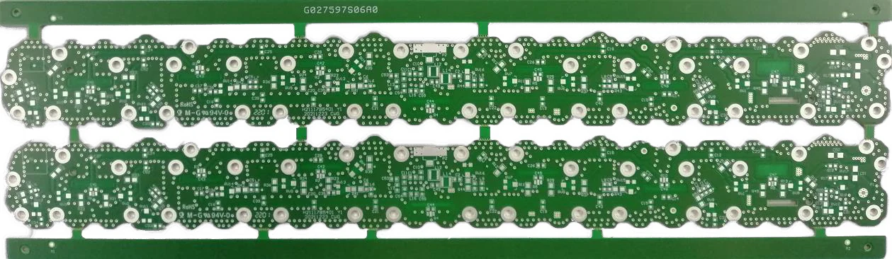 Panel of six-layer RF filter PCBs with repeated green circuit patterns.