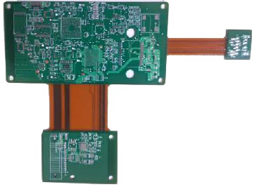 Rigid-flex PCB with green rigid sections connected by two orange flexible tails.