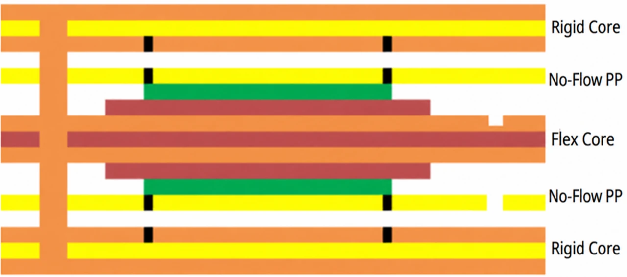 Rigid-flex PCB stack-up cross-section showing rigid cores, flex core and no-flow prepreg.