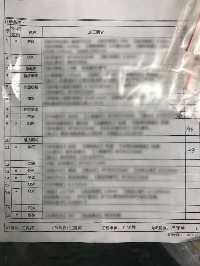 Manufacturing process requirement sheet with blurred details